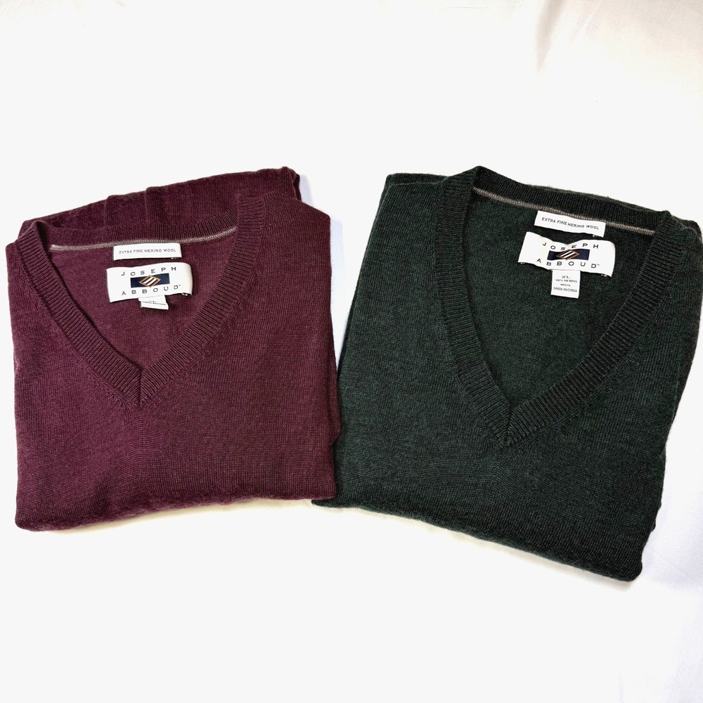 Lot of 2 Joseph Abboud 100% Extra Fine Merino Wool Sweaters V Neck Men's Size XL